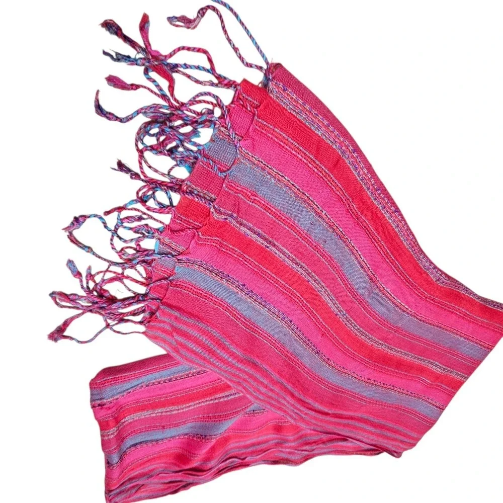 Open Hand India Pink Blue Striped Scarf‎ Tassels Lightweight Woven
